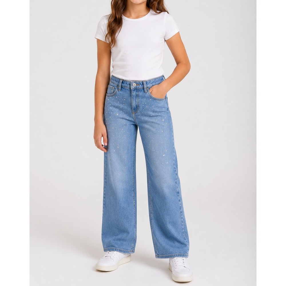 H&M Wide Leg Jeans Girls 16 Blue Rhinestone Heart Embellished Denim Pant
